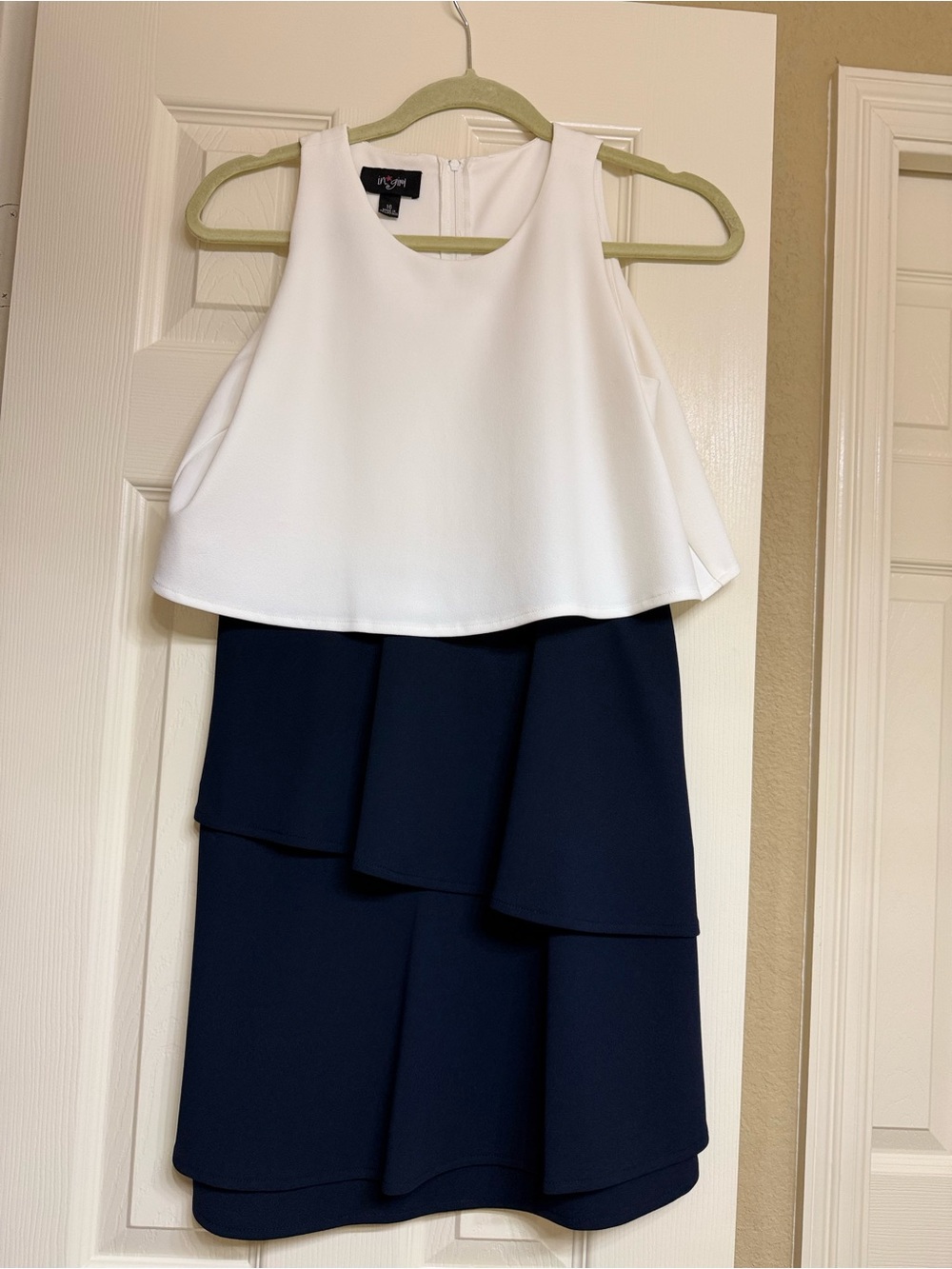 White & Navy High-Low Layered Dress
